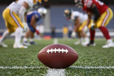 Football players prepare for a play on a field while recognizing World Cancer Day with awareness activities.の素材