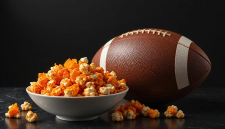 A bowl of popcorn sits next to a football on a dark surface, perfect for a sports viewing event.の素材
