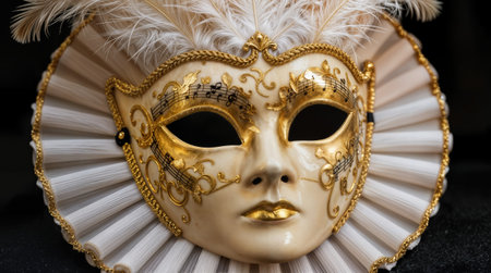 A mask made of ceramic features gold designs and feathers. It is placed against a dark background.の素材