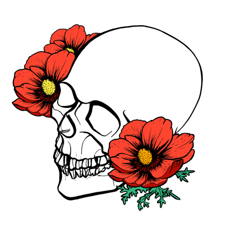 Ink painted skull and flowers setのイラスト素材