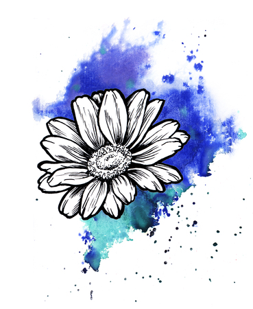 A bright blue formless watercolor blot. Watercolor illustration of a hand drawn on paper Ink daisy flower line graphic sketchの写真素材