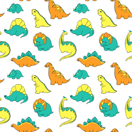 seamless bright bright childlike pattern with dinosaurs yellow orange blue on a white background. Hand-Drawn Vector Handのイラスト素材