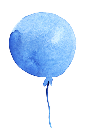 Blue colorful holiday balloon. Simple watercolor sketch. Hand-drawn illustration. Hand painting on paperの写真素材