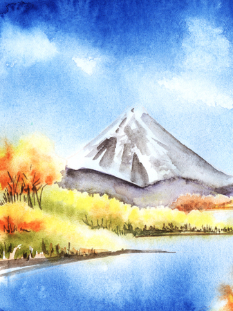 4 seasons watercolor panorama with fudzi mountain viewscapeの写真素材