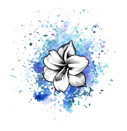 A bright blue formless watercolor blot. Watercolor illustration of a hand drawn on paper Rose ink flower line graphicの写真素材