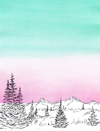 watercolor painted background with black ink landscape panoramaの写真素材