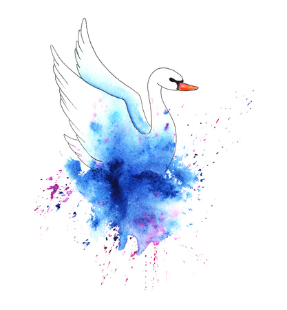 Wet painted watercolor swan on a colorful blue spot blotsの写真素材