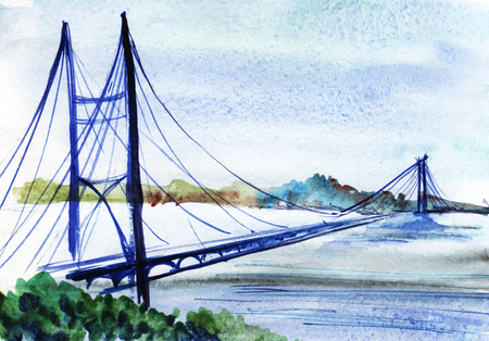 Bridge over the river. Watercolor sketch. Hand-drawn illustration.の写真素材