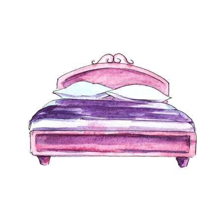 Pink bedroom furniture. Bed. Hand-drawn watercolor illustration. Isolated on white background.の写真素材