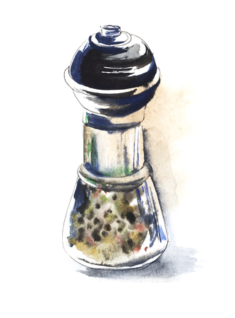 Sketch glass pepper grinder with pepper. Watercolor illustration drawn by hands on wet paper.の写真素材