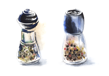 Sketch glass pepper grinder with pepper. Watercolor illustration drawn by hands on wet paper.の写真素材