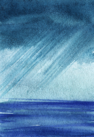 Heavy stormy sky over the blue sea. Over the horizon clearance. Oblique streams of rain. Hand-drawn watercolor illustration on texture paper.の写真素材