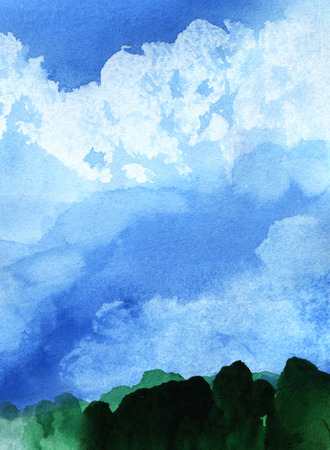 Abstract watercolor background. Blue sky on a sunny day with cumulus clouds. Silhouette of a green forest.Hand-drawn watercolor illustration.の写真素材