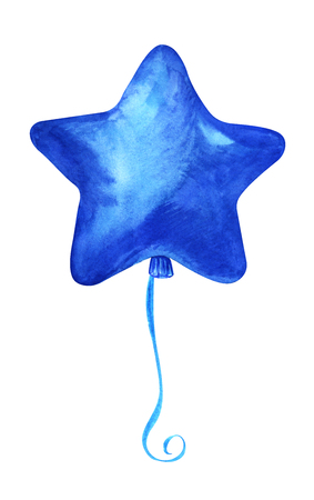 Blue party star-shaped balloon on a blue ribbon. Hand-drawn watercolor illustration on white background.の写真素材