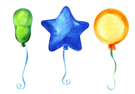 Set of decorative elements. Three balloons of different shapes: Round, elongated, star, on ribbons. Blue, Green, Orange. Hand-drawn watercolor illustration on white background.の写真素材