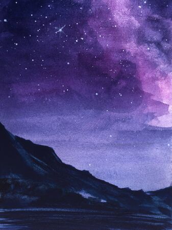 Abstract night landscape. Dark outlines of mountain range against background of magnificent night sky with multi-colored flashes of starlight. Watercolor hand drawn illustration on paper texture.の写真素材
