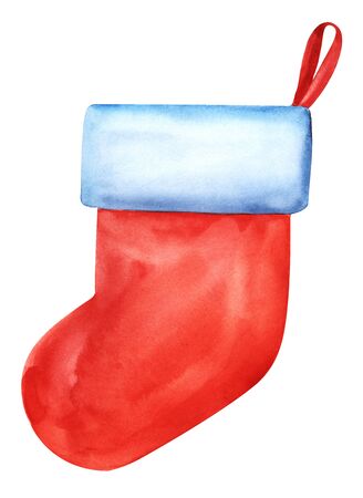 Christmas sock on the petal ribbon. Red sock with a white lapel. Sock on the fireplace for sweets. Template background for text. Hand drawn illustration isolated on white background.の写真素材