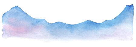 Mountain range silhouette. Watercolor shape of the mountains. Decorative element for page design. Blue mountains with smooth peaks. Gradient from blue to pink. Mountain border. Drawn by hands.の写真素材