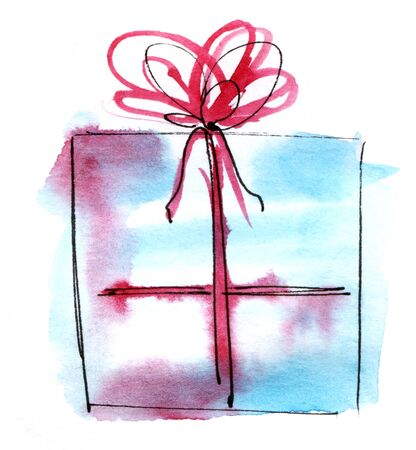 Watercolor graphic element. Light blue gift box with a lush bow. Hand drawn on paper sketch illustrationの写真素材
