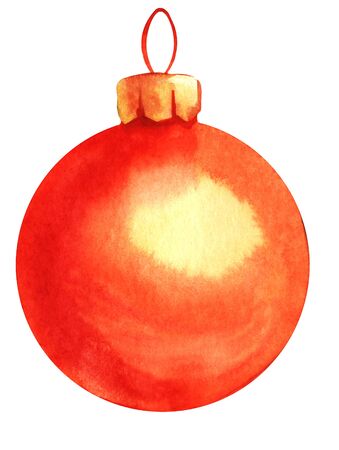 Decorative element. Christmas ball. Christmas tree toy. Red glass ball. Hand drawn watercolor background illustration. Isolated on white background.の写真素材