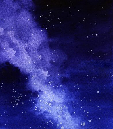 Dark blue night sky with stars and the Milky Way. Abstract watercolor background. Hand-drawn illustration on texture paper. Watercolor splashes and gradientsの写真素材