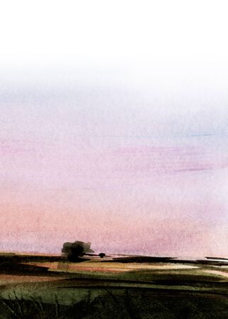 Abstract watercolor background. Blurry field against gentle sunrise sky of pastel shades. Soft gradient from white to lilac to pink on contrast with rough dark ground. Hand drawn summer illustrationの写真素材