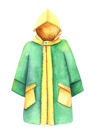 Watercolor image of yellow and green slicker isolated on white background. Autumn special clothes protecting from rain. Hand drawn illustration of rain coat. Decorative element for scrapbookingの写真素材