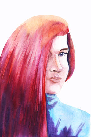 Watercolor portrait of young attractive woman with slight enigmatic smile. Long beautiful red hair cover half of face. Hand drawn illustration with white backgroundの写真素材