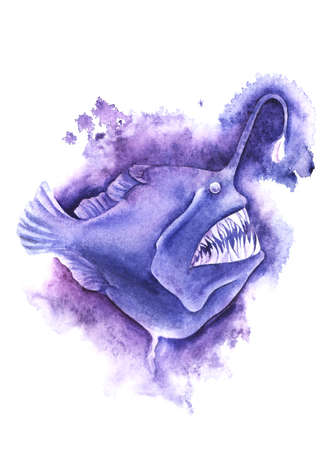 Watercolor image of blue-purple angler fish on white background. Hand drawn illustration of frightening sea creature with numerous sharp canines, blind small eyes and lantern growing from its headの写真素材
