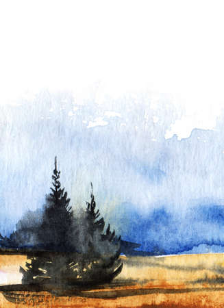 Abstract watercolor landscape of blurry coniferous trees among light brown autumn field. Contrast of dark silhouettes of firs and bright blue sky with shining white cloudsの写真素材