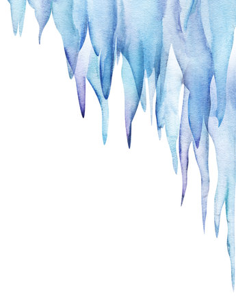 Watercolor upper right corner template. Hanging massive block of icicles. Sharp blue stalactites on white background. Hand drawn winter illustration with place for textの写真素材