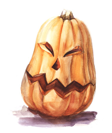 Watercolor image of jack olantern on white background. Hand drawn orange pumpkin of oblong shape with frightening face carved on it. Traditional symbol of Halloweenの写真素材