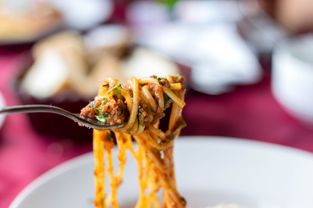 Spaghetti on a forkの写真素材