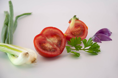 Vegetables: Tomato, Onion Isolated on White Backgroundの写真素材