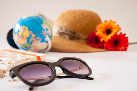 Top view of Traveler's accessories on white  backgroundの写真素材