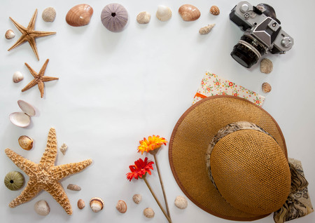 Top view of Traveler's accessories on white  backgroundの写真素材