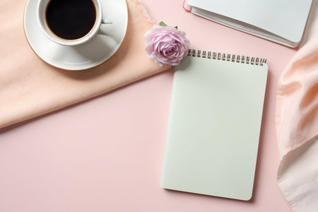 Cup of coffee, notepad and pink fabric on pink backgroundの写真素材