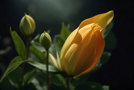 Beautiful yellow tulip flower on dark background, close-upの写真素材