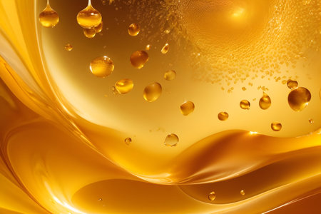 Golden oil drops on the yellow background. 3d rendering, illustration.の写真素材