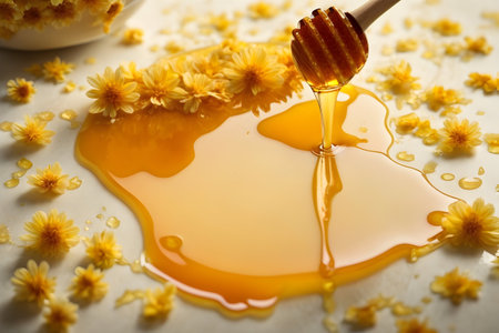 Honey dripping from dipper into bowl with flowers on table, closeupの写真素材