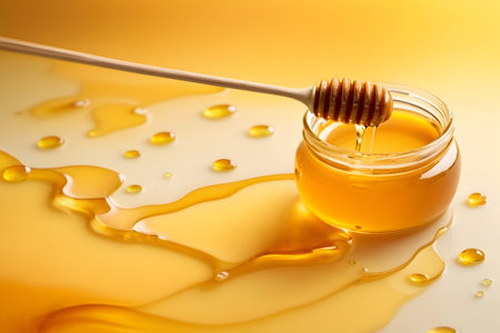 Honey dripping from a wooden honey dipper on a yellow backgroundの写真素材
