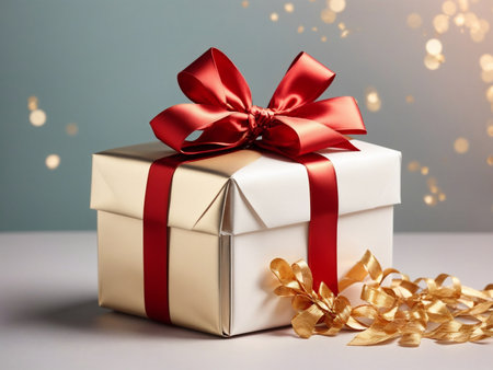 Gift box with red ribbon and golden bow on a light backgroundの写真素材