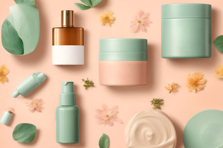 Flat lay composition with cosmetic products and eucalyptus leaves on color backgroundの写真素材
