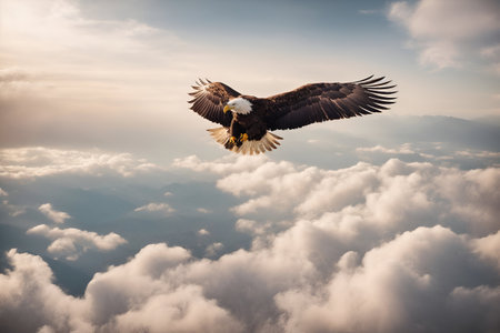 Bald Eagle flying above the clouds. Eagle in flight. Bird of prey.の写真素材