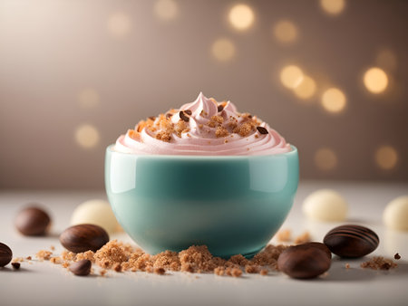 Cup of coffee latte with whipped cream and chocolate candiesの写真素材