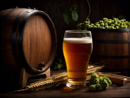 Glass of beer with hop and barley on wooden table. Dark backgroundの写真素材