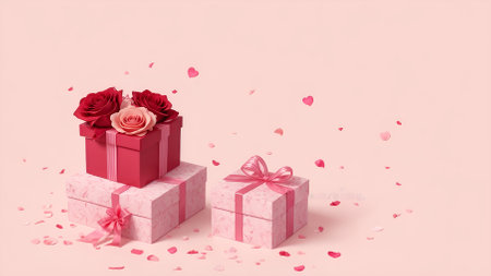 Gift boxes with red roses and confetti on pink background. 3d renderingの写真素材