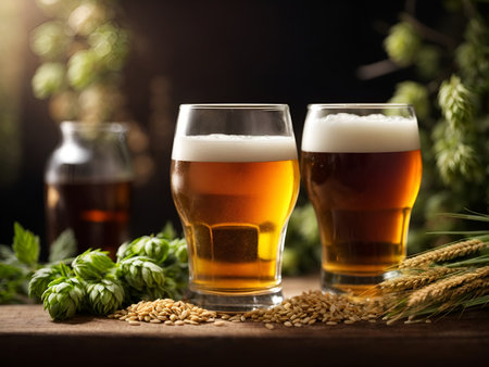 Two glasses of beer with wheat and hops on a wooden table.の写真素材