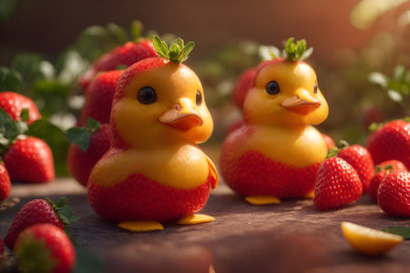 Cute rubber ducks with fresh strawberries on wooden table, close upの写真素材