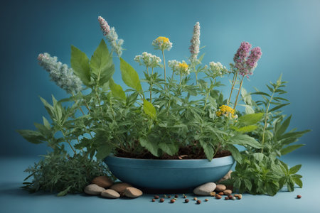 Herbs in a pot on a blue background with pebblesの写真素材